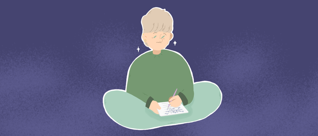 Dessin d'un adolescent écrivant un journal, par Mike Vanvelthem.
